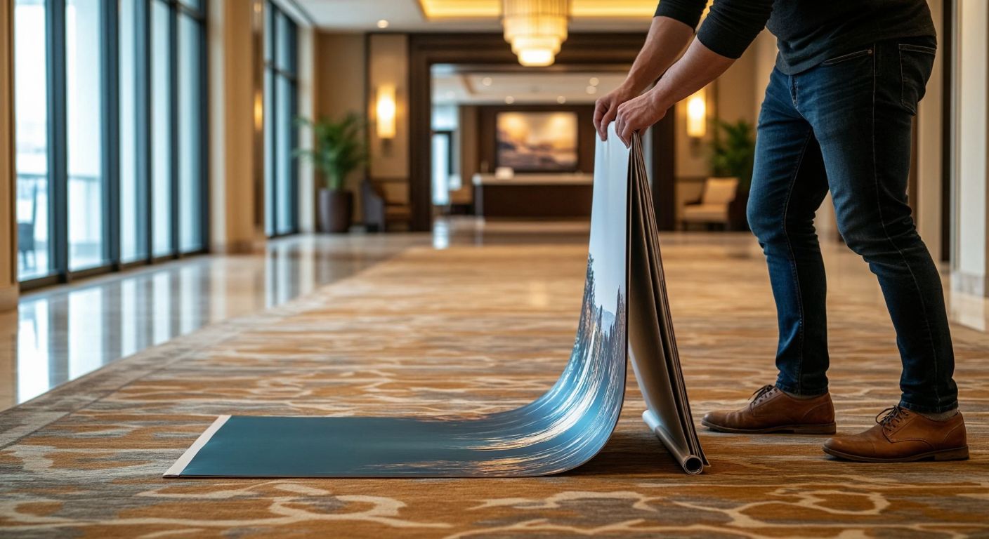 A person in a hotel lobby carefully assembling a roll-up stand, adjusting its feet and gently pulling up the printed banner to secure it in place.
