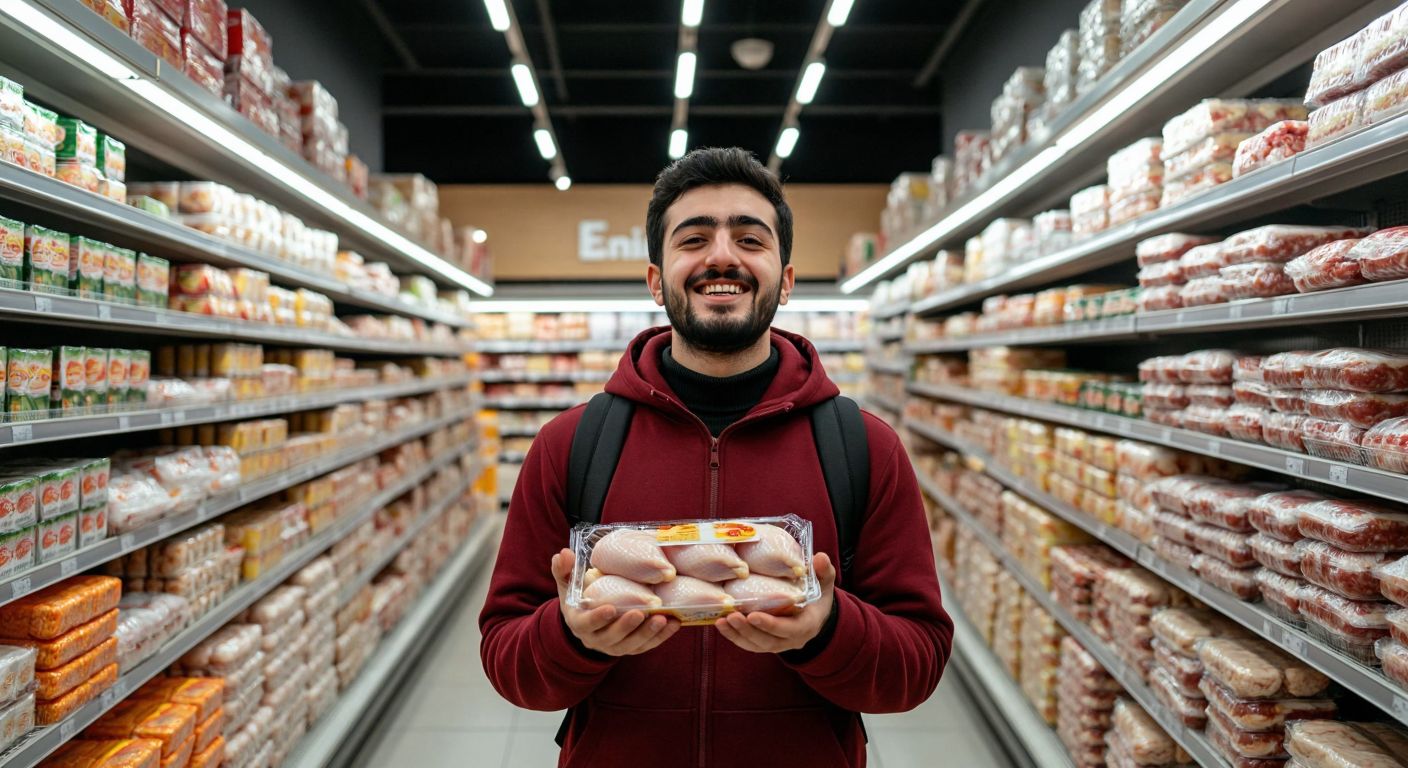 A Turkish shopper in a Bim supermarket aisle, holding a frozen chicken package with a satisfied expression, surrounded by neatly stacked frozen food products under bright fluorescent lights.