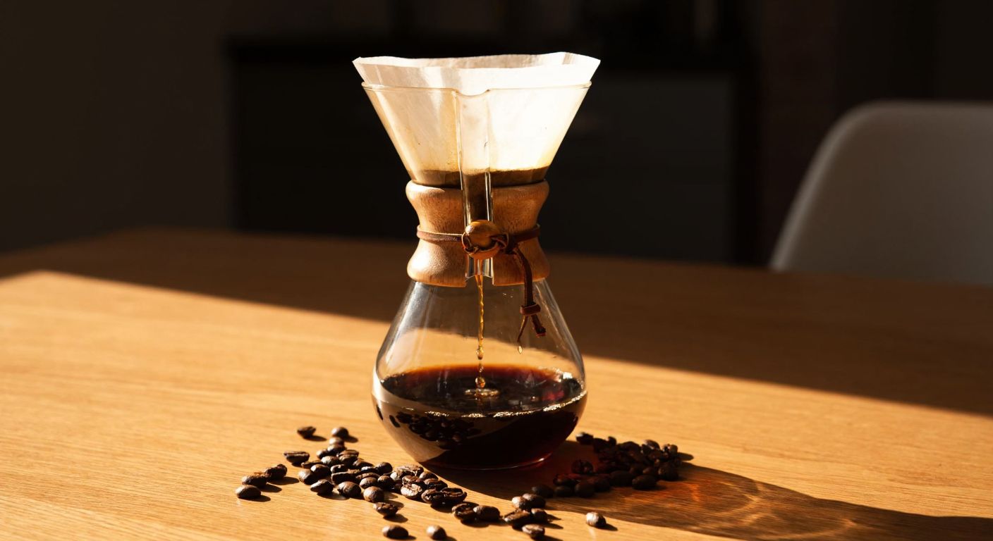 A sleek glass Chemex coffee maker placed on a wooden table, with freshly brewed coffee dripping into its hourglass-shaped vessel, surrounded by scattered coffee beans and a warm, inviting light reflecting off the glass.