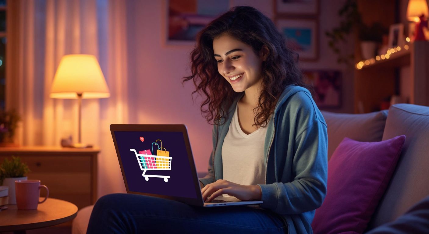A young Turkish woman in a cozy home setting smiles while browsing a shopping website on her laptop, with a colorful shopping cart icon visible on the screen.