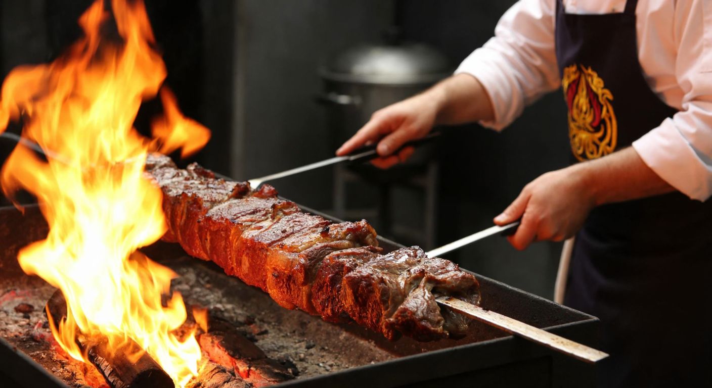 A skewer of sizzling, marinated lamb slices roasting over glowing embers, with a traditional Turkish chef in an apron carefully turning the meat.