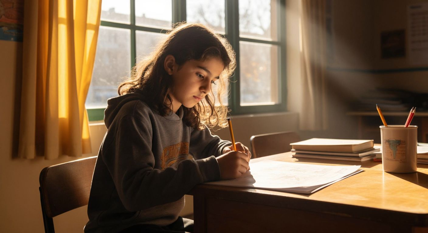 A focused Turkish middle-school student sits at a wooden desk with a printed worksheet, solving decimal fraction problems while sunlight streams through a classroom window.
