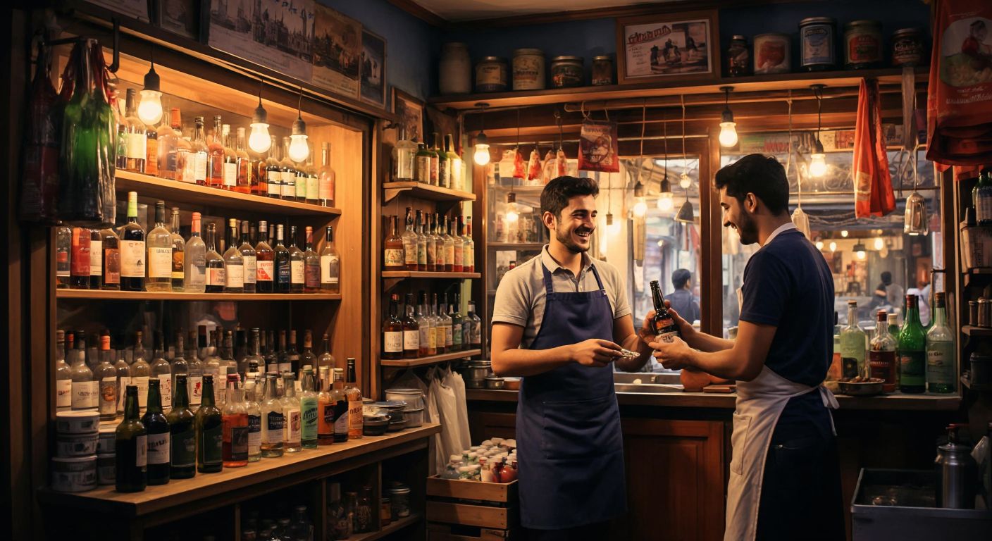 A small, warmly lit corner shop in Turkey with shelves stocked with bottles of alcohol, a smiling shopkeeper in a casual apron, and a customer reaching for a bottle.