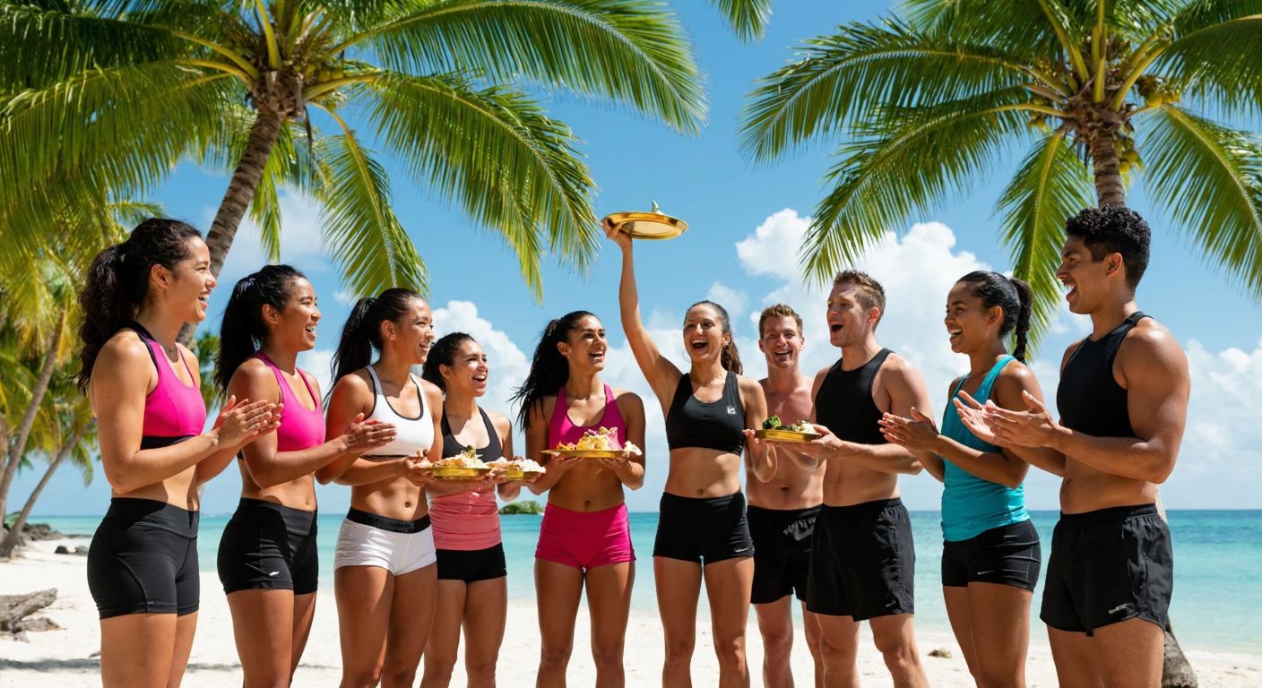 A group of excited contestants in athletic wear standing on a tropical beach, cheering as a golden plate with a gourmet meal is presented under palm trees.