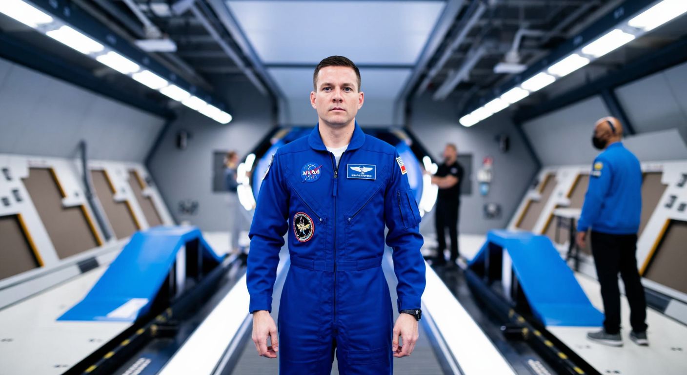A determined astronaut candidate in a blue flight suit stands in a high-tech training facility, surrounded by simulators and instructors, with a focused expression under the bright lights of the space agency.