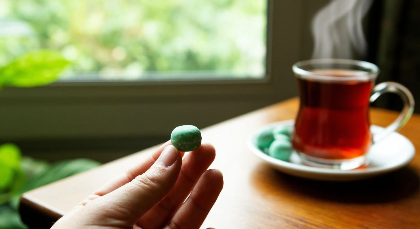 A hand holding a small, round, mint-green Polo candy against a blurred background of a Turkish kitchen with a steaming cup of çay on the table, conveying temptation and caution.