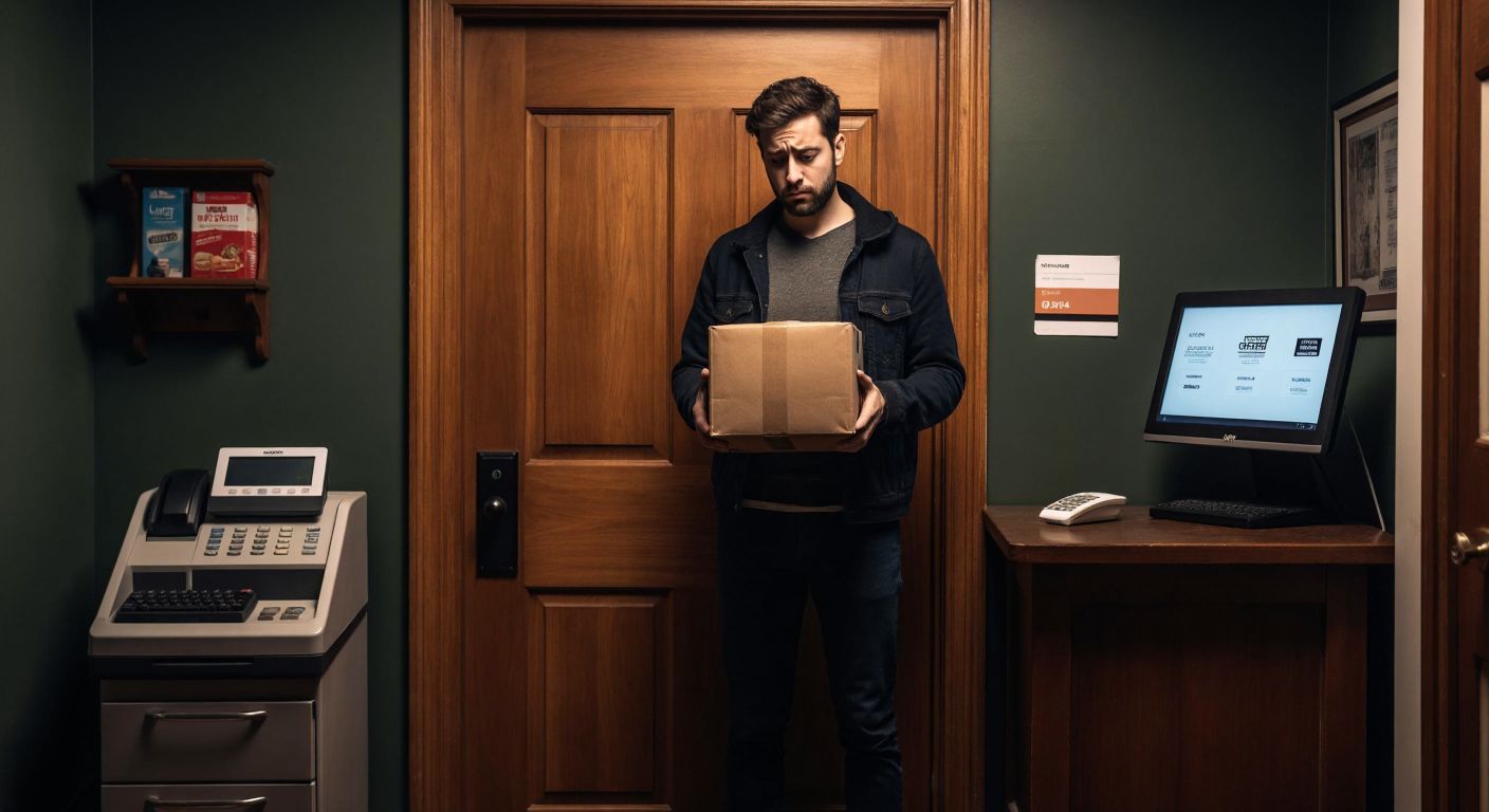 A frustrated shopper stands at a wooden door holding a package, with a closed cash register nearby and a computer screen displaying online payment options in the background.