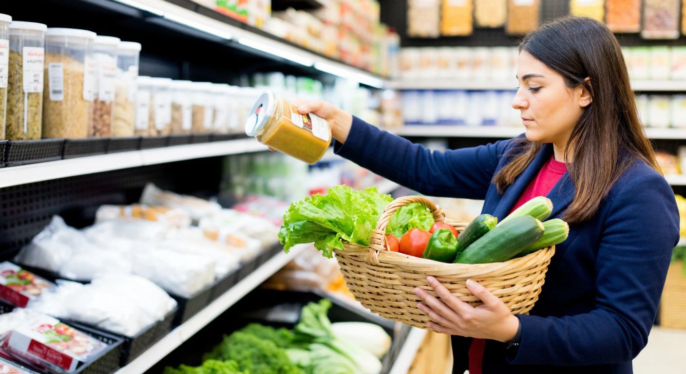 A Turkish woman in a market carefully examining a food product's label while holding fresh vegetables in her basket, with shelves of packaged goods in the background.