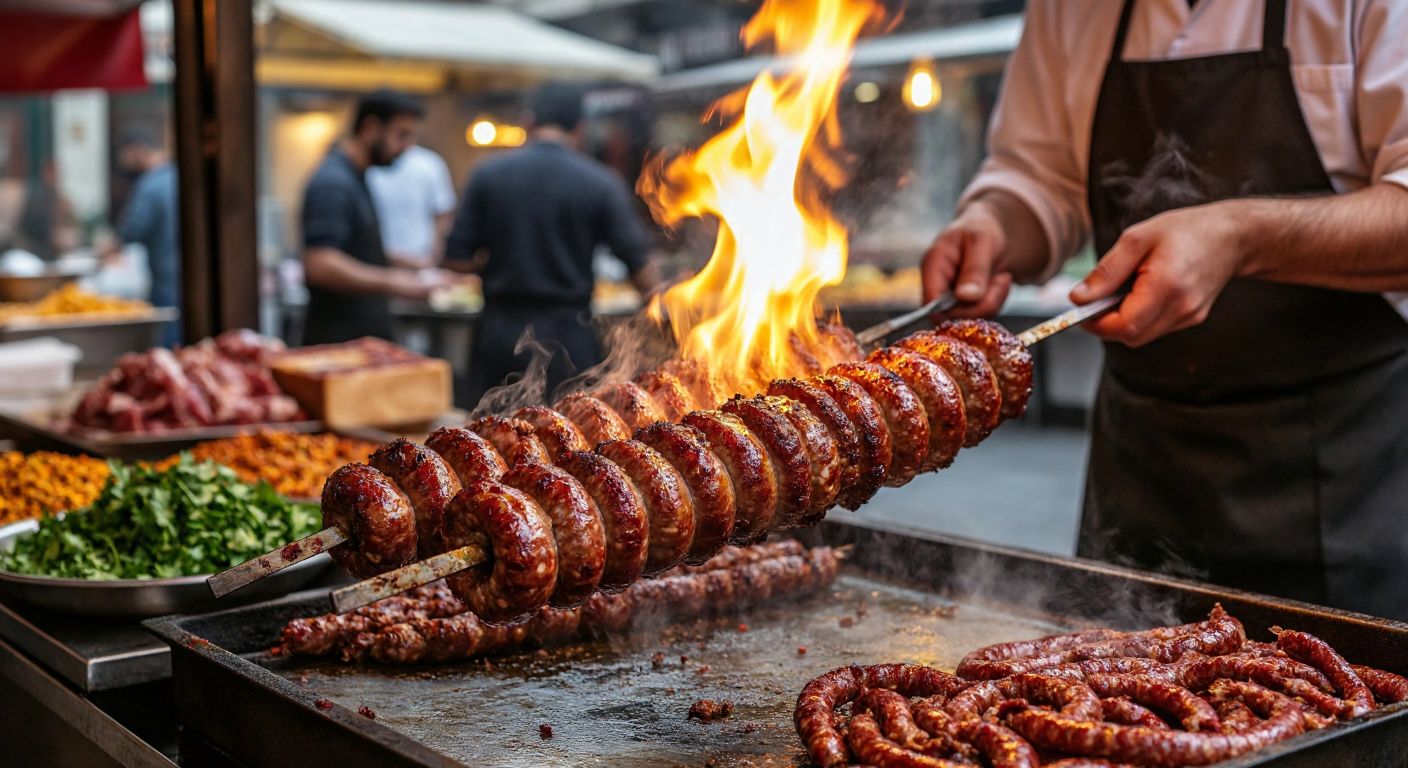 A sizzling skewer of kokoreç, with its coiled intestines glistening under a street vendor’s flame, surrounded by the aroma of spices and fresh herbs, while a butcher in an apron prepares mumbar nearby.