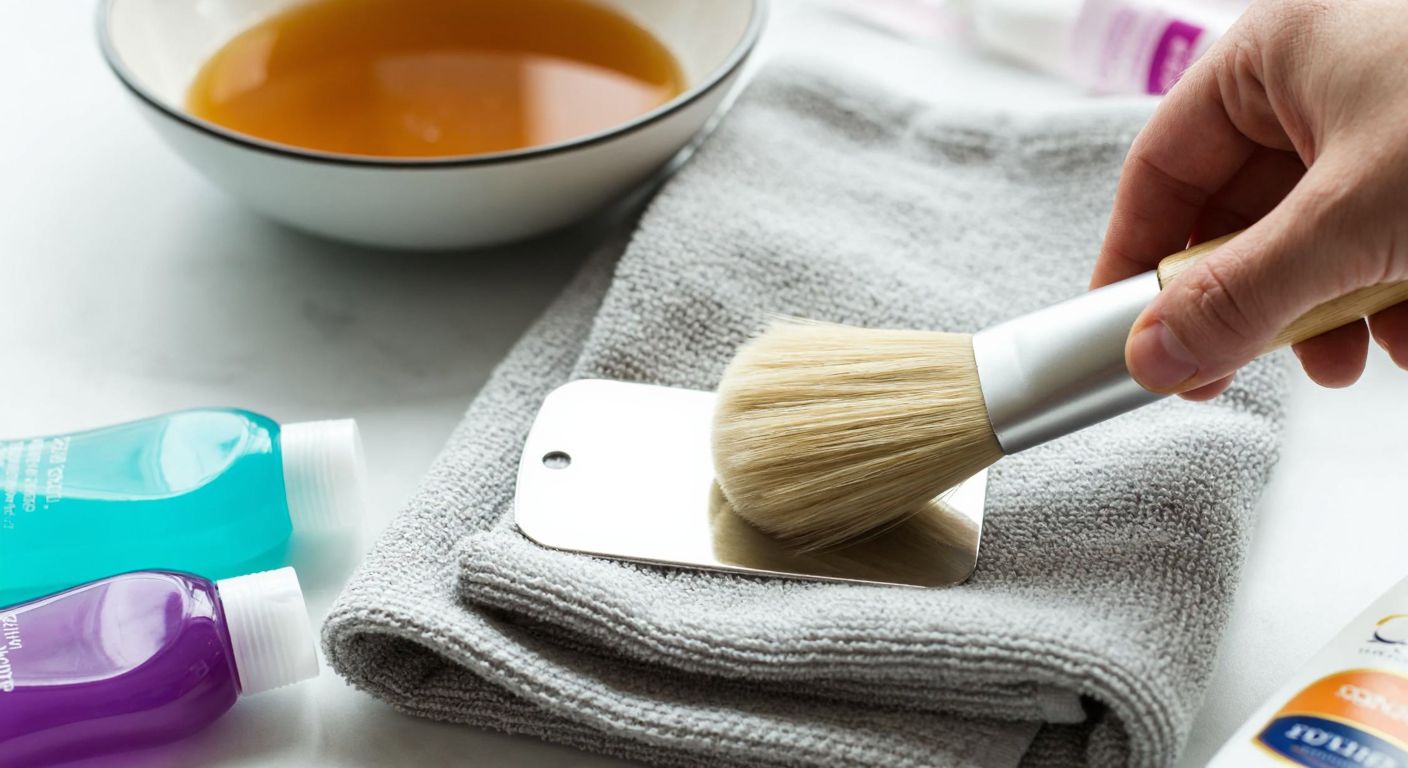 A close-up of a polished steel name tag resting on a soft cloth, surrounded by a small bowl of vinegar and warm water, a tube of toothpaste, and a dish soap bottle, with a gentle hand scrubbing the tag with a soft brush.