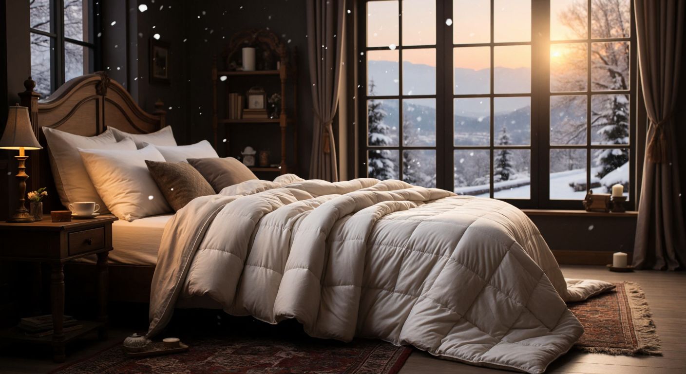 A cozy, thick cotton quilt draped over a wooden bed in a warmly lit Turkish bedroom, with snow falling gently outside the frosted window.