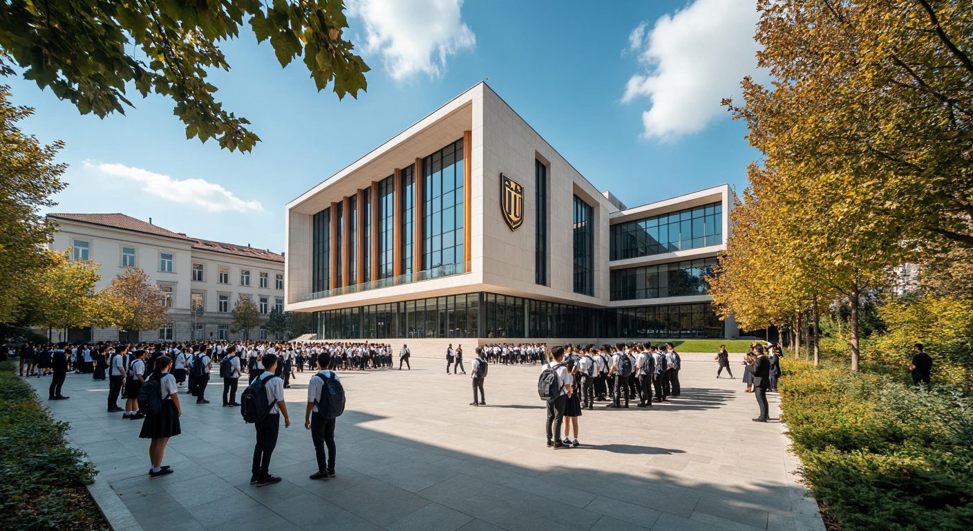 A modern university building with the İTÜ emblem subtly integrated into its architecture, standing proudly beside a bustling school courtyard filled with students in uniforms, under a bright Istanbul sky.