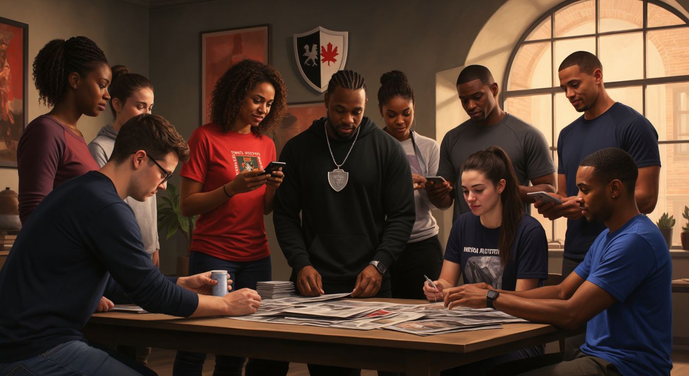 A diverse group of people in New York receiving aid from a nonprofit worker, while in the background, a smartphone displays a sports app and a medieval heraldic shield hangs on a wall.