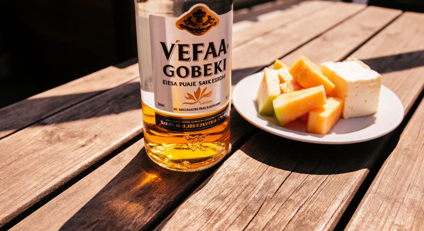 A clear glass bottle of Vefa Göbek Rakı sits on a rustic wooden table beside a small plate of white cheese and sliced melon, with soft sunlight casting warm reflections on the amber liquid.