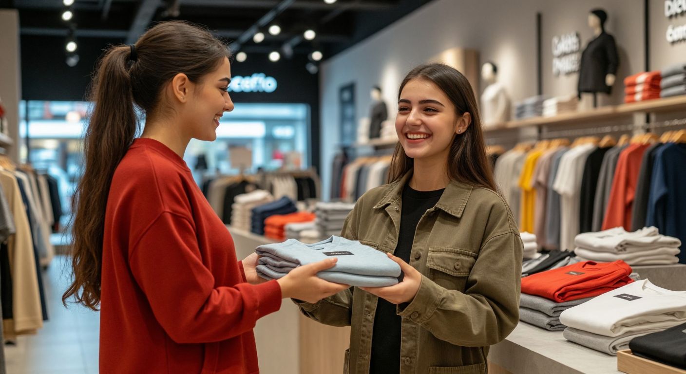 A smiling young woman in a modern Turkish clothing store holds a neatly folded DeFacto-branded garment while exchanging it with a helpful store clerk behind the counter.