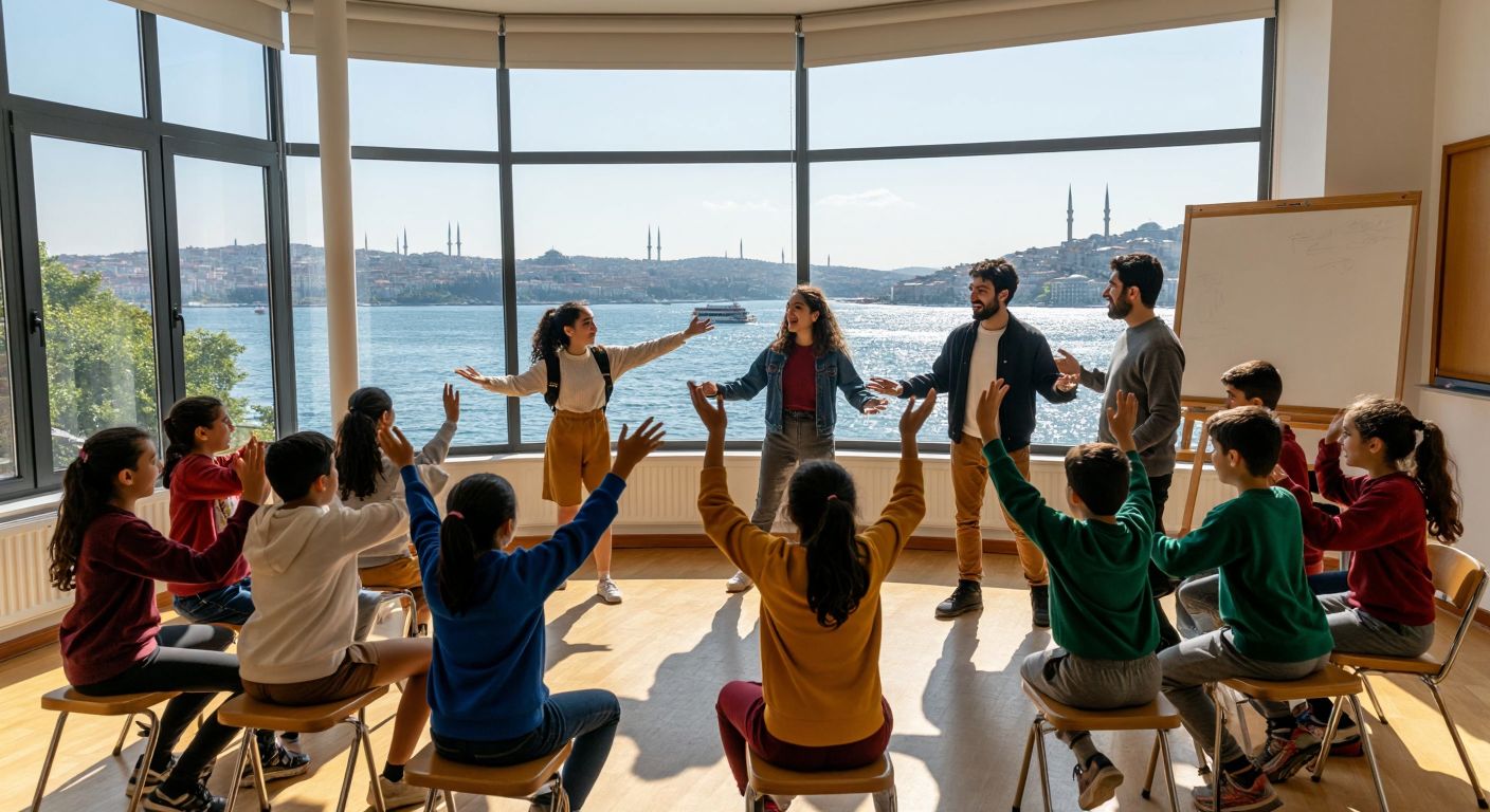 A group of diverse students in a bright Istanbul classroom enthusiastically performing a theatrical scene, with a teacher guiding them near a large window overlooking the Bosphorus.