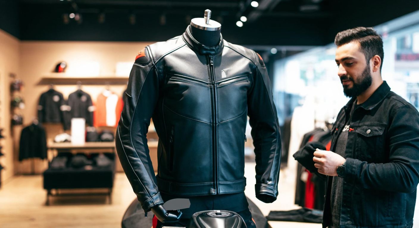 A sleek black Dainese motorcycle jacket displayed on a mannequin in a well-lit store, with a confident Turkish biker in casual attire examining its stitching and zippers.
