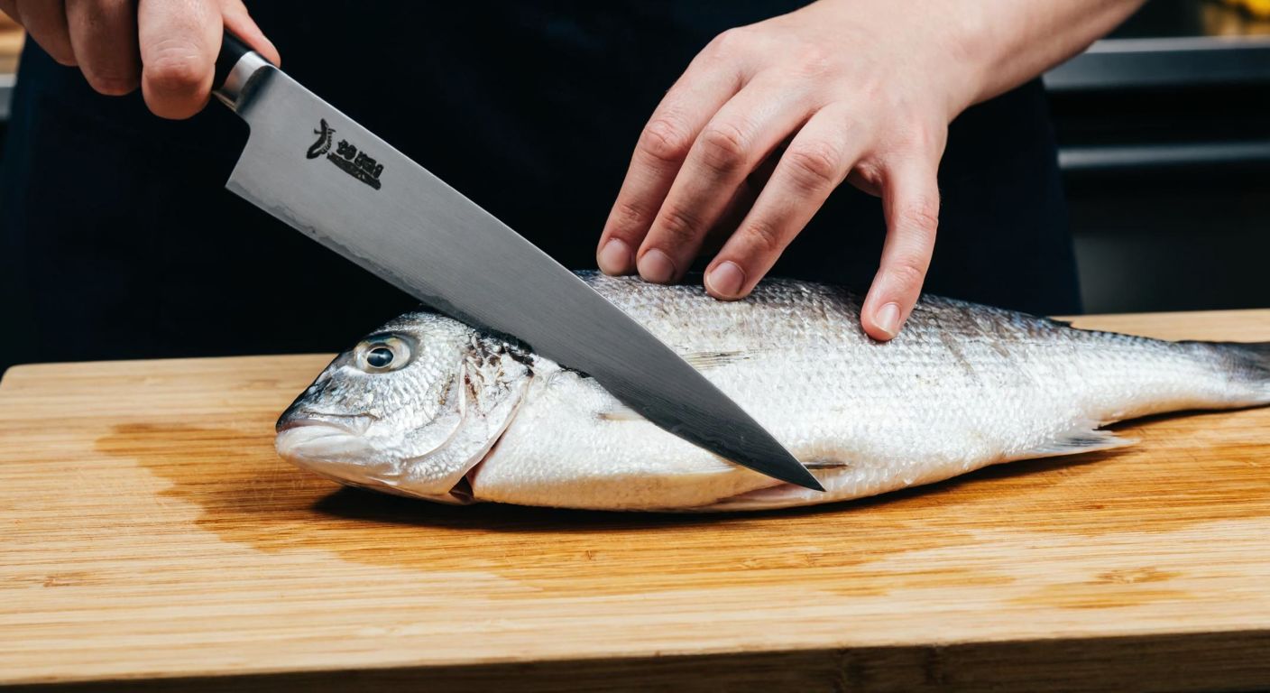 A close-up of a skilled hand using a sharp knife to carefully fillet a fresh sea bream on a wooden cutting board, with the fish's silver scales glistening under warm kitchen lighting.