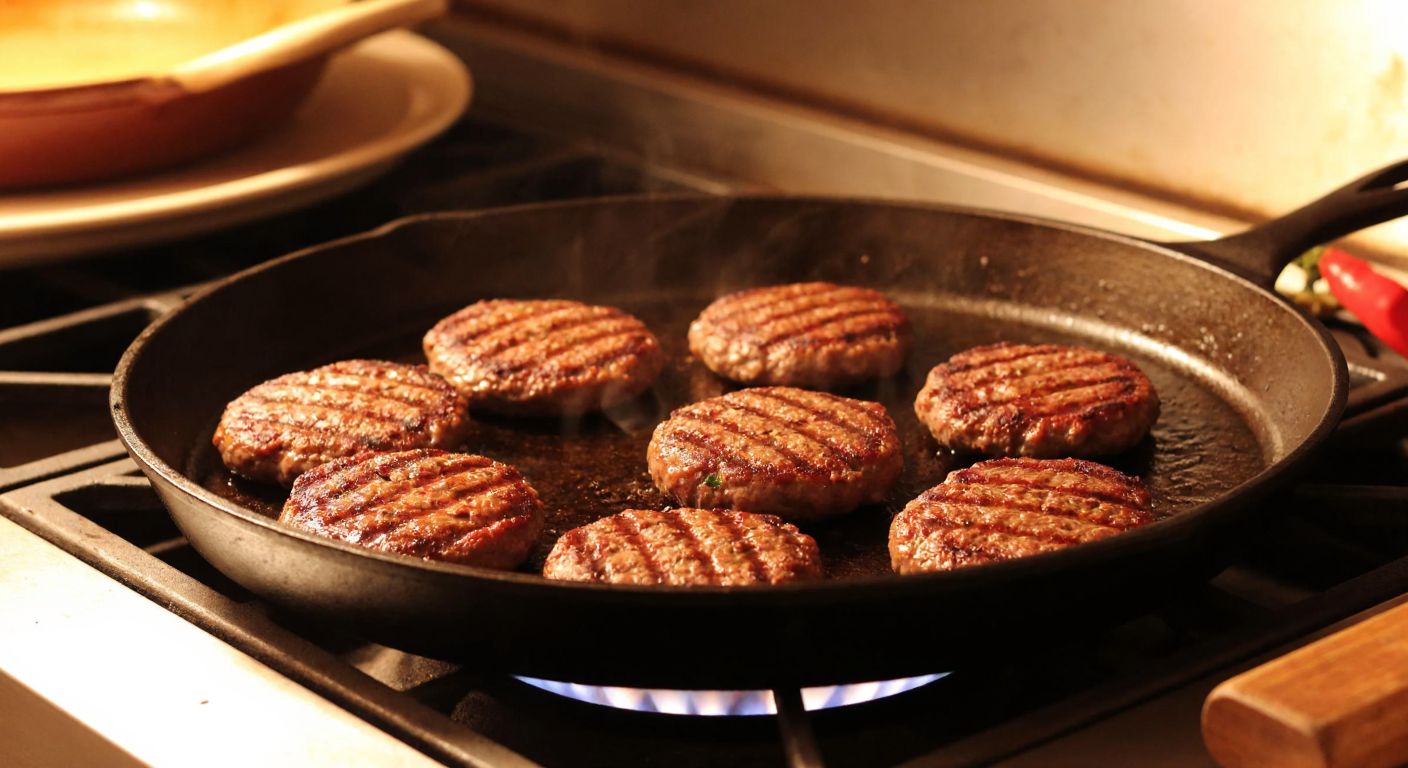A cast-iron skillet sizzling with juicy burger patties, showing grill marks, placed on a stovetop in a Turkish kitchen with warm lighting and a wooden spoon nearby.