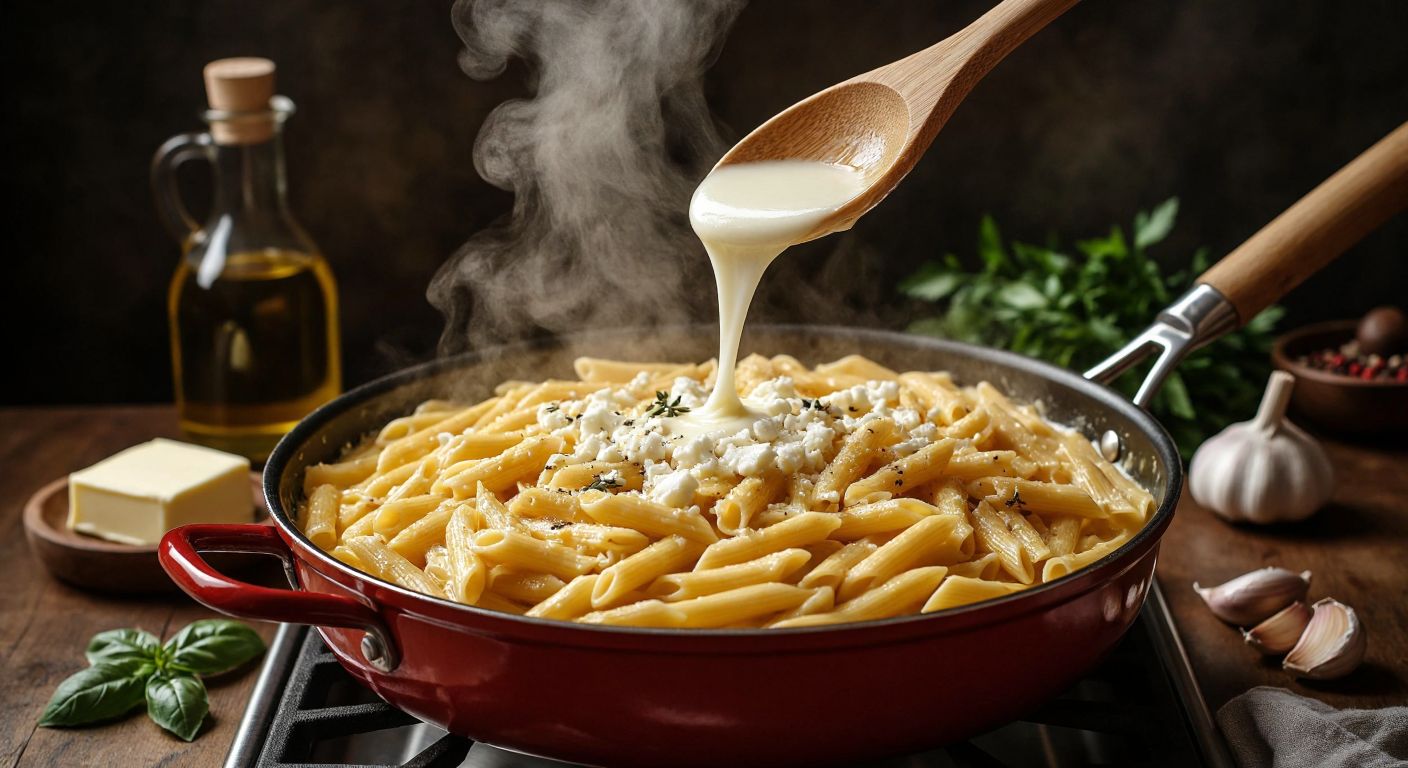 A steaming pot of golden pasta on a stovetop, with melted white cheese and a splash of milk being stirred into it by a wooden spoon, surrounded by fresh ingredients like butter, olive oil, and garlic in a cozy Turkish kitchen.