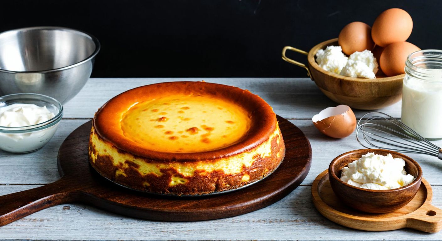 A golden-brown San Sebastian cheesecake sits on a rustic wooden table in a Turkish kitchen, surrounded by fresh ingredients like eggs, cream, and white cheese, with a mixing bowl and whisk nearby.