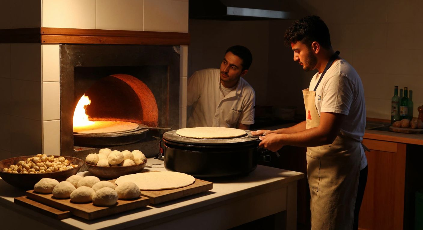 A traditional Turkish kitchen with a modern electric lavaş tandır glowing warmly on a countertop, surrounded by fresh dough and ingredients, while a curious cook in an apron examines its settings.
