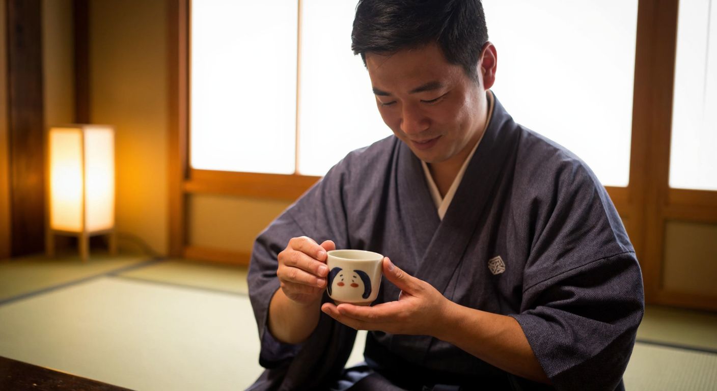 A Japanese man in a traditional kimono holds a small ceramic cup of sake with a flushed face, sitting on a tatami mat in a softly lit izakaya.