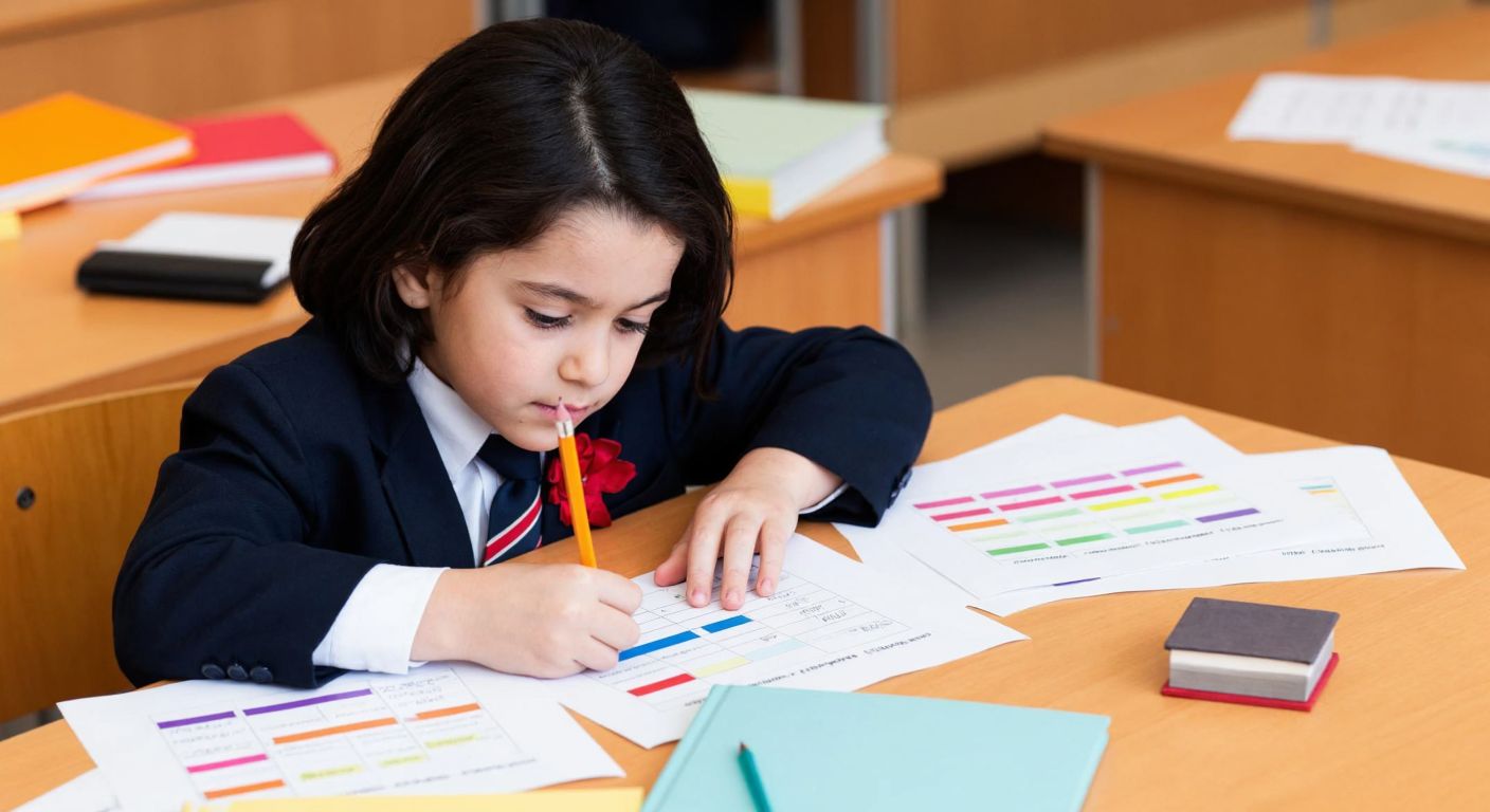 A focused Turkish elementary student with dark hair and a school uniform sits at a wooden desk, solving a colorful multiple-choice test paper with a pencil, surrounded by scattered practice sheets and a small stack of textbooks.