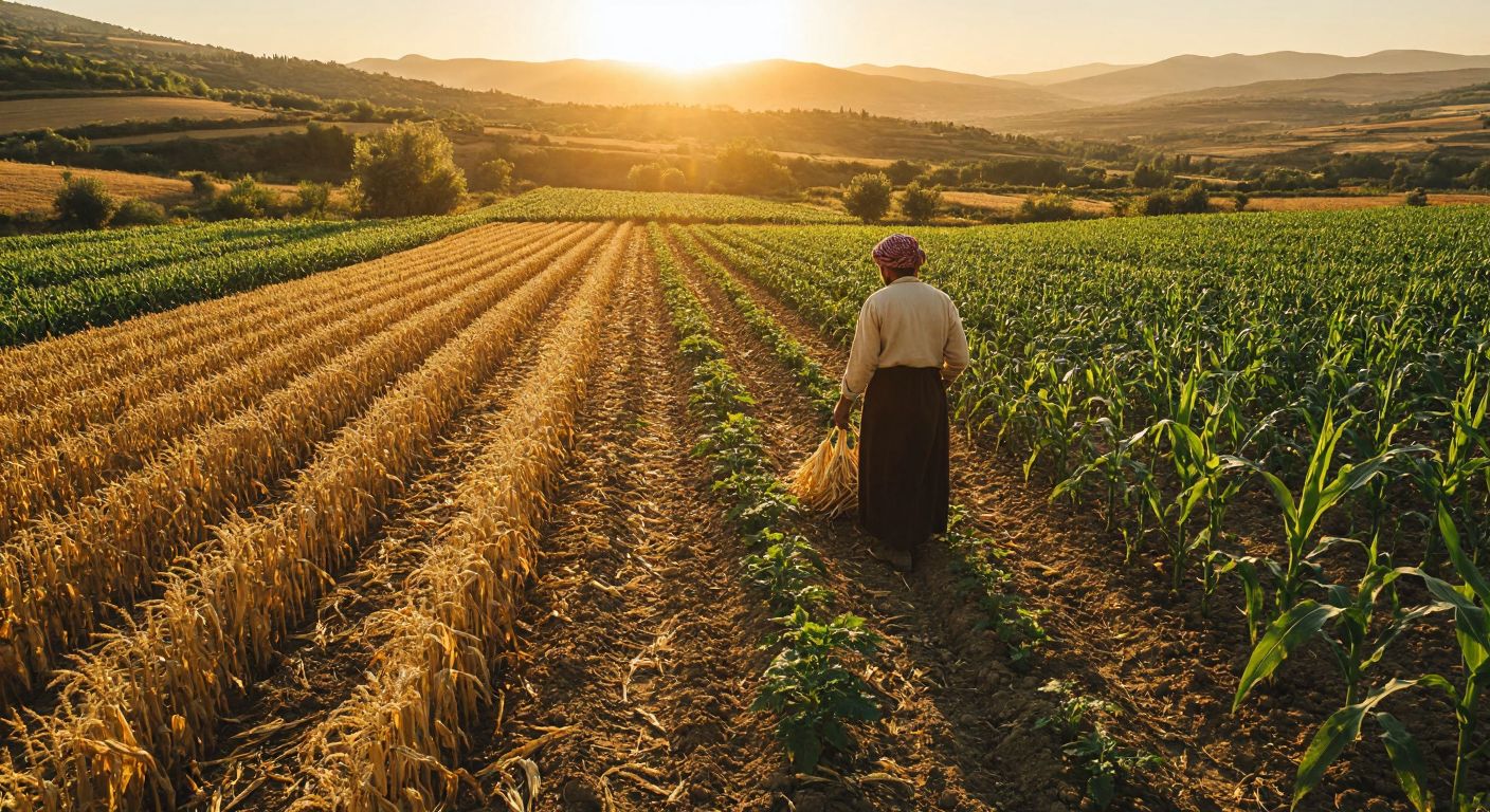A sunlit Turkish countryside field with golden wheat stalks, rows of corn plants, and patches of potato crops, with a farmer in traditional attire inspecting the harvest.
