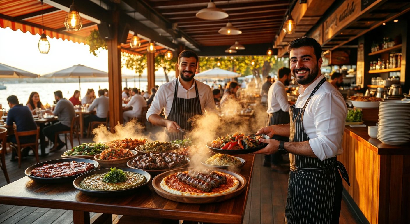 A bustling Turkish restaurant in Florya, Istanbul, with warm golden lighting, wooden tables laden with steaming plates of Kilis kebabs and mezze, and smiling waiters in traditional aprons serving cheerful diners near a sunlit beachfront.