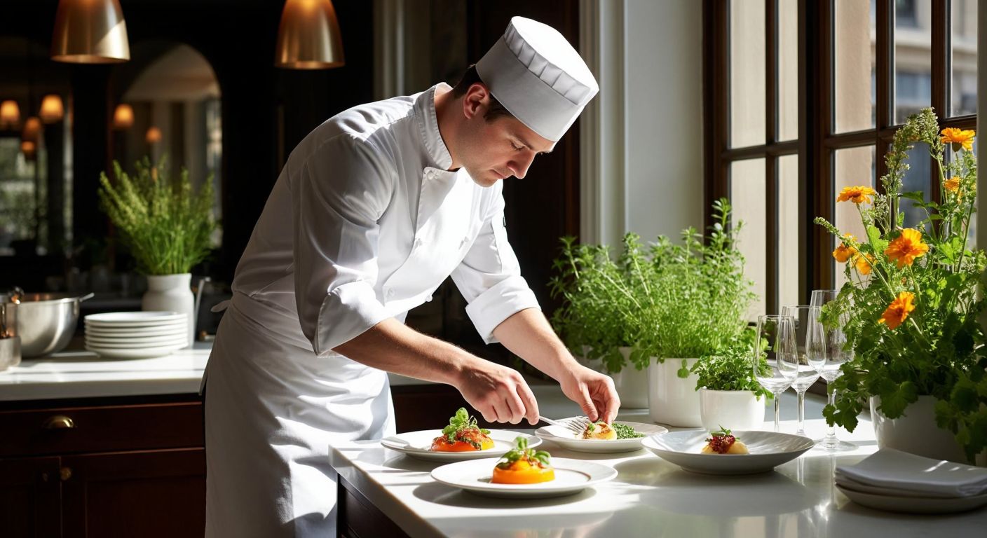 A refined French chef in a crisp white toque meticulously arranges delicate, colorful dishes on elegant porcelain plates in a sunlit, Michelin-starred kitchen.