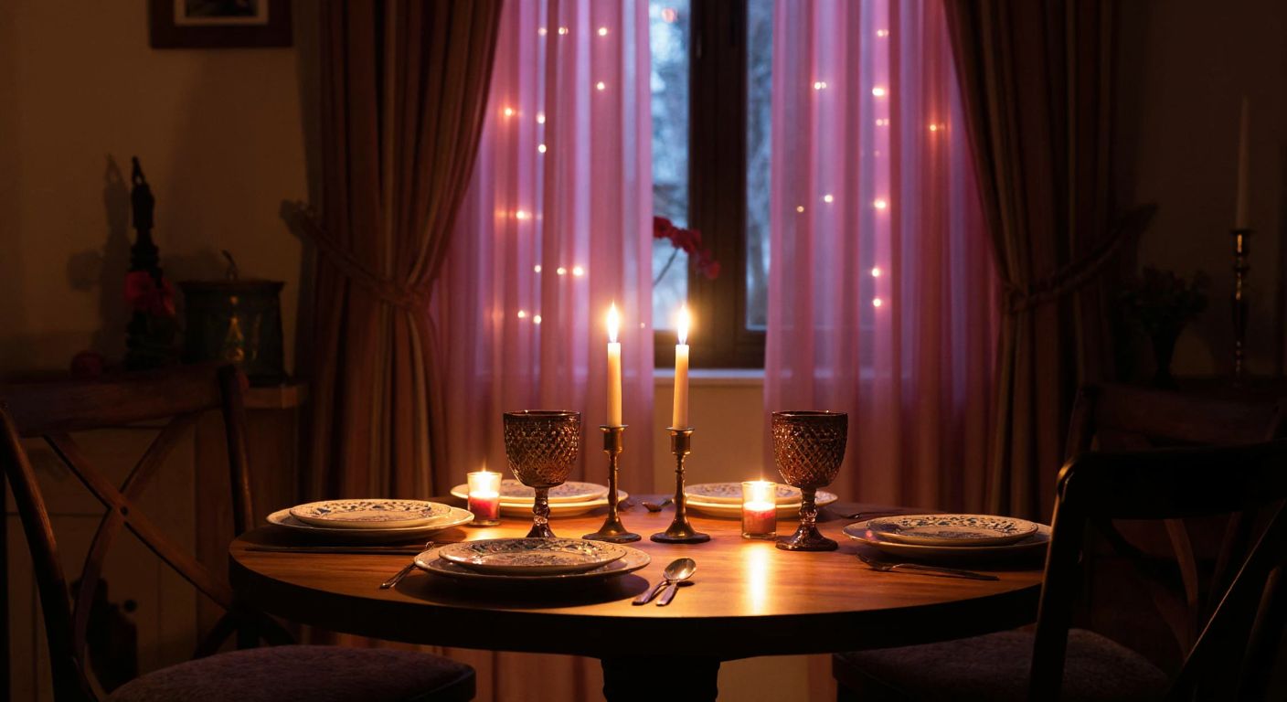 A dimly lit Turkish dining room with a wooden table set for two, flickering candles in ornate brass holders, soft pink string lights draped over sheer curtains, and warm light glowing from a ceramic table lamp, casting a romantic ambiance.
