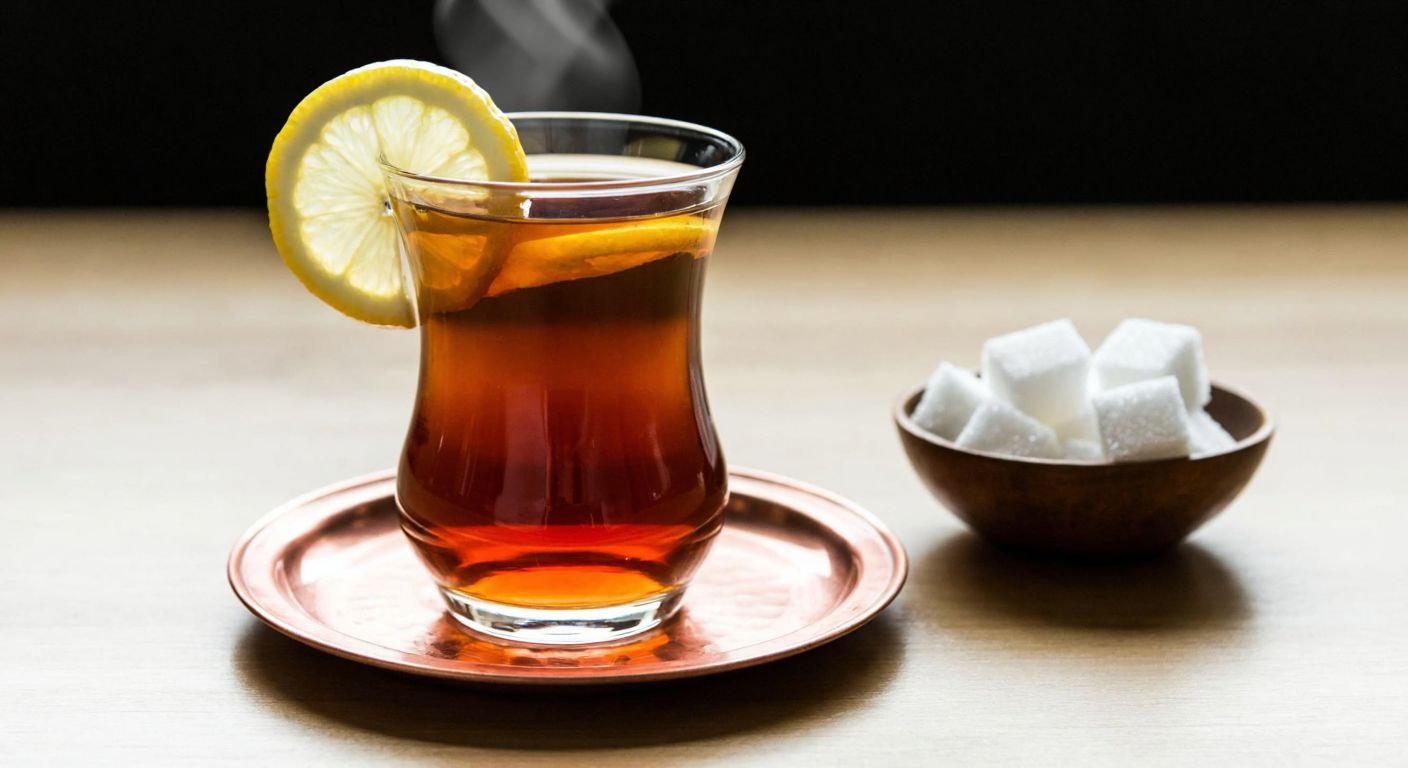 A steaming glass of amber Turkish tea with a fresh lemon wedge resting on its rim, placed on a copper tray beside a small bowl of sugar cubes, evoking warmth and health.