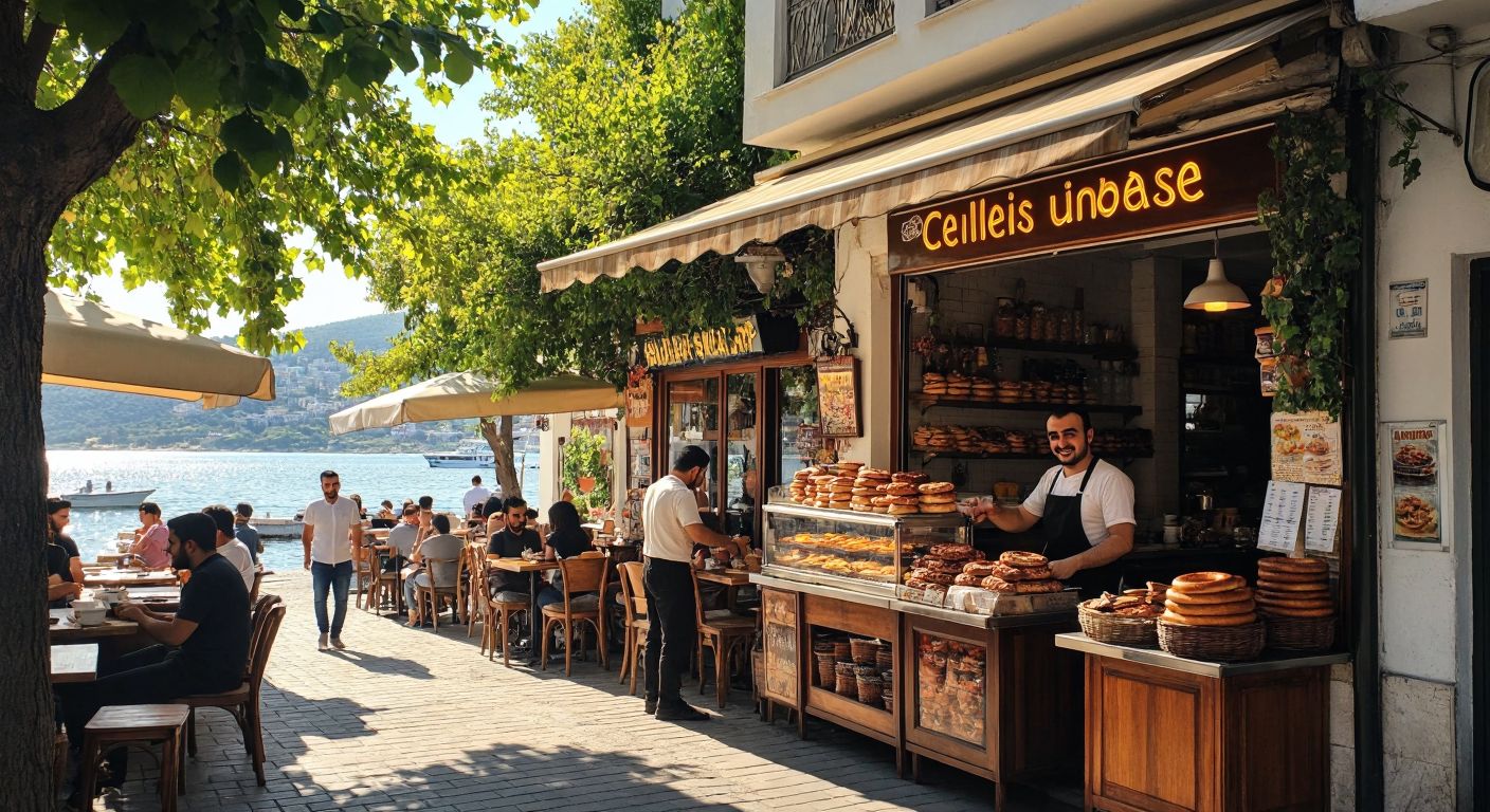 A bustling Turkish street scene with two cozy cafés—one in Kocaeli with warm golden simits on display, and another in Bodrum by the seaside, where a smiling owner serves customers under a sunlit awning.