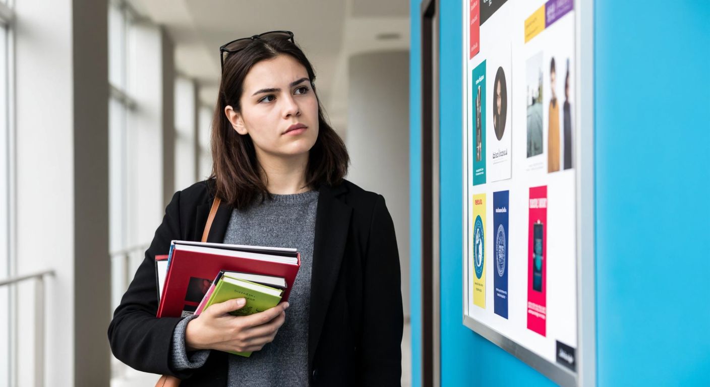A determined Turkish university student in a modern Ankara campus setting, holding a stack of books and looking focused while standing near a bulletin board with colorful academic flyers.