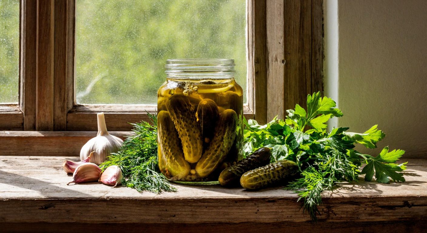 A rustic wooden table in a Turkish kitchen holds a glass jar filled with small pickling cucumbers (kornişon) submerged in brine, surrounded by fresh dill, garlic cloves, and vine leaves, with sunlight streaming through a nearby window.