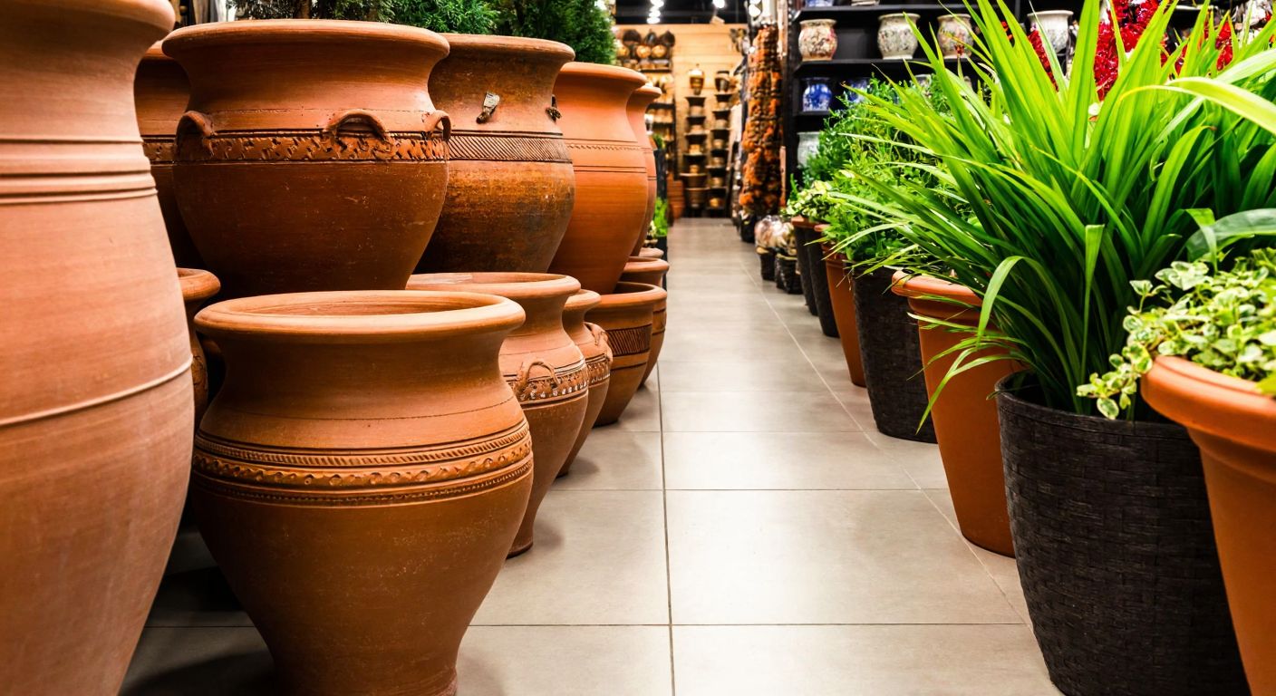 A vibrant Turkish home and garden store aisle filled with large decorative terracotta pots, including a weathered darbuka-style planter, under warm lighting with lush green plants nearby.