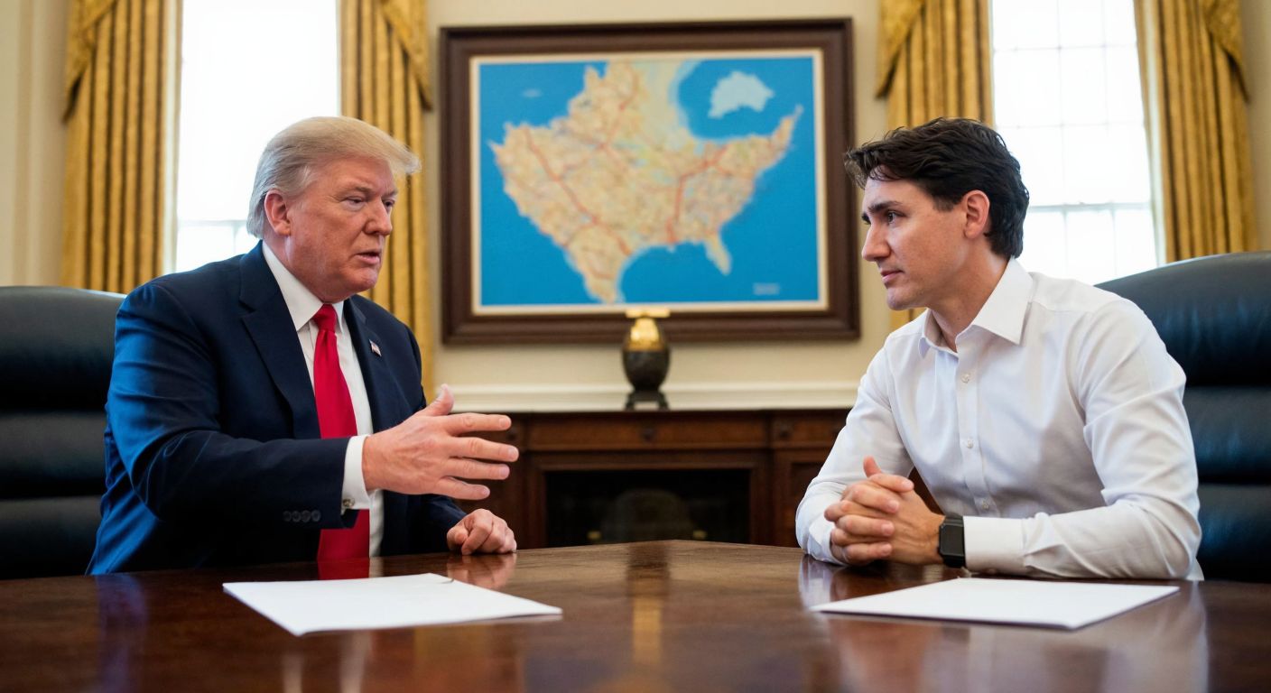 A stern Donald Trump in a dark suit gestures emphatically toward a map of Canada while Justin Trudeau, wearing a crisp shirt, listens with a composed but wary expression in a formal meeting room.