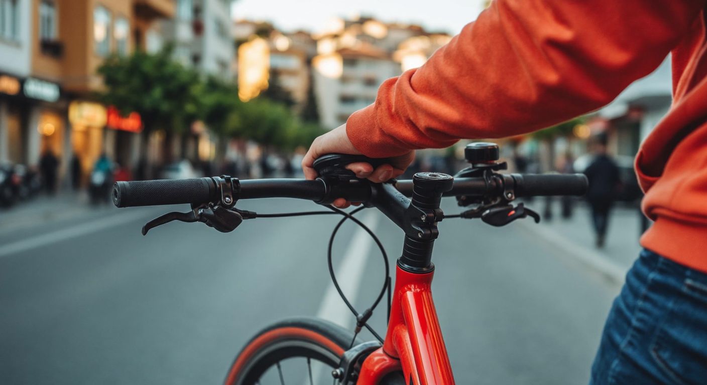 A close-up of a bicycle's brake pads gripping a spinning wheel, emitting faint heat waves, with a person's hands rubbing together in the background, all set against a blurred urban street in Turkey.