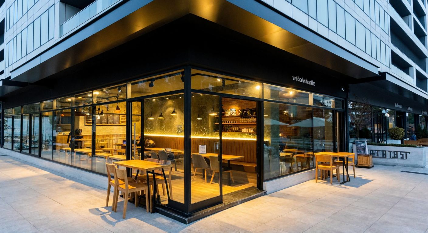 A modern glass-fronted café with warm lighting, nestled in a sleek business complex in Avcılar, Istanbul, where people enjoy rich espresso drinks at minimalist wooden tables.