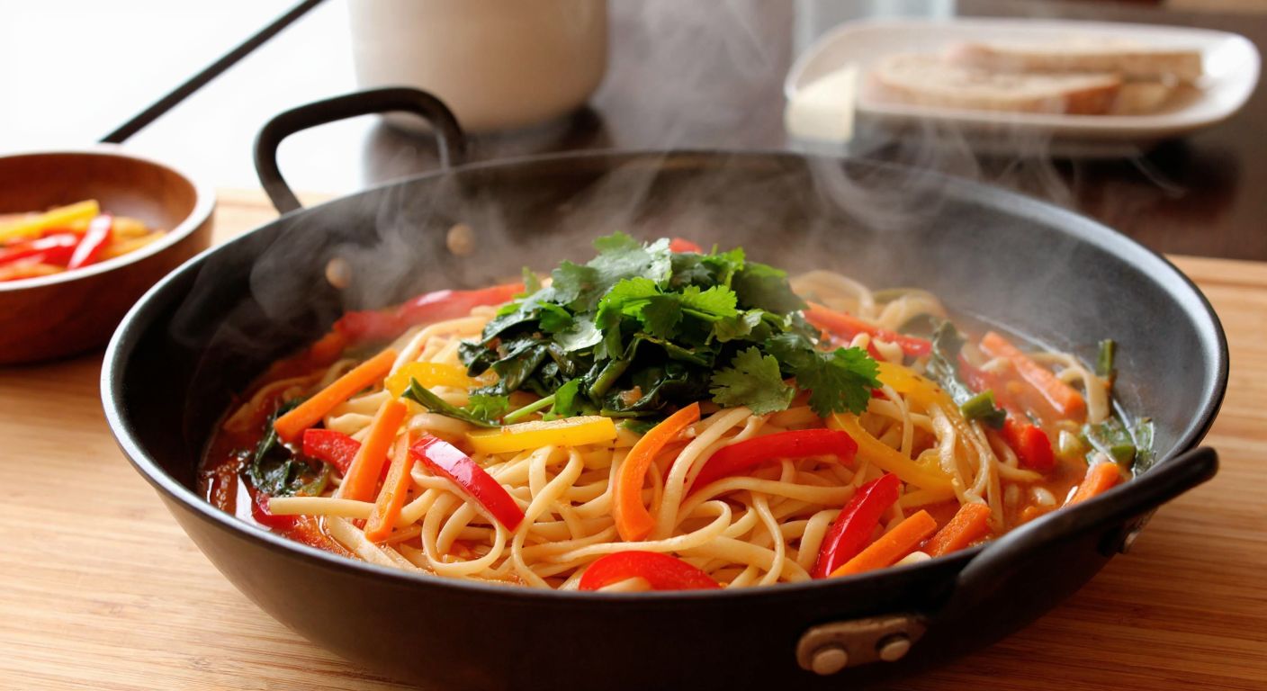A steaming bowl of colorful vegetable noodles with carrots, peppers, and greens, placed on a wooden table in a cozy Turkish kitchen.