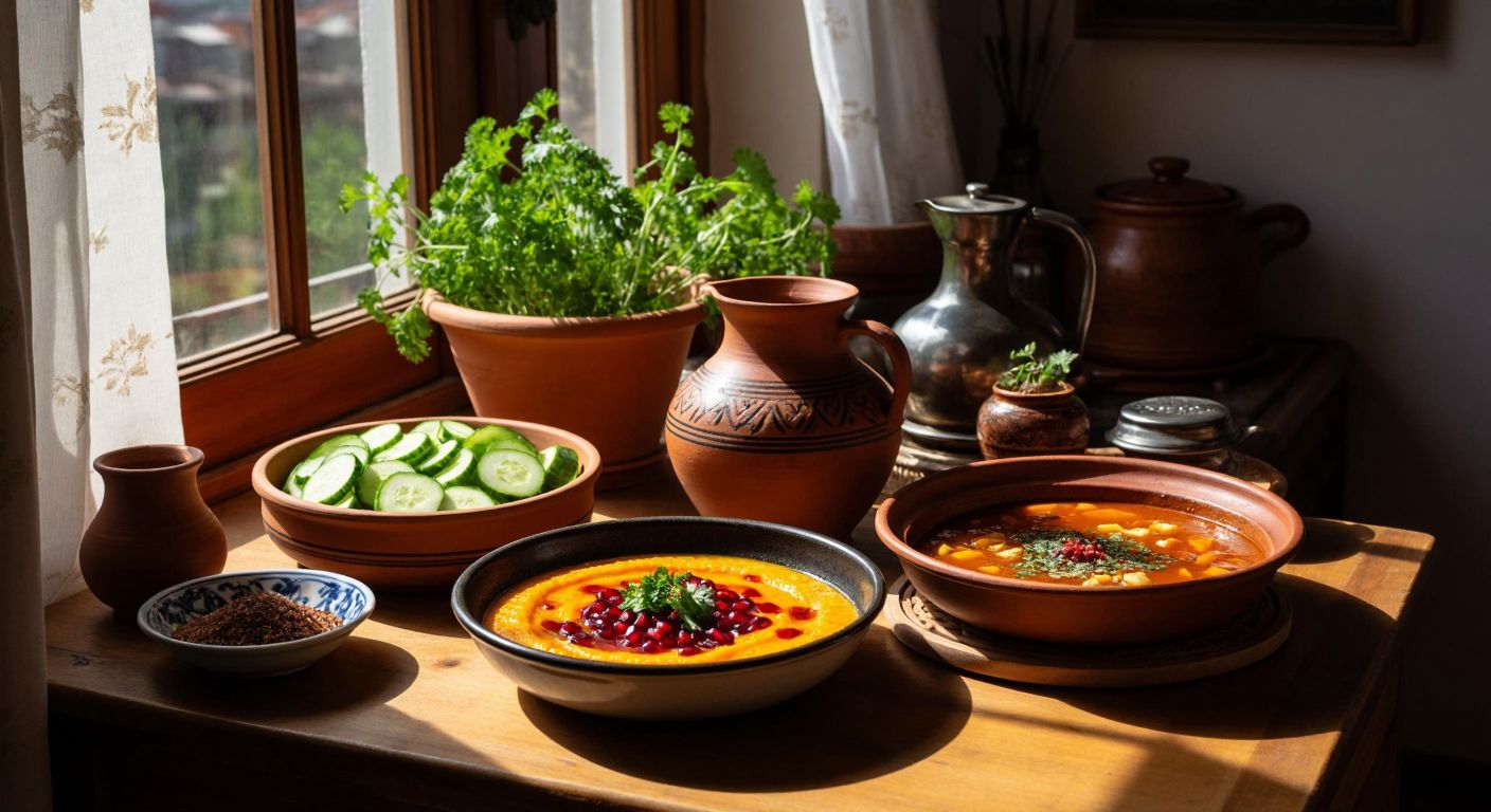A wooden table in a sunlit Turkish kitchen holds a vibrant spread of cooling foods—a bowl of cucumber slices, a pitcher of rose sherbet, a steaming plate of pumpkin stew with pomegranate molasses, and a small dish of sumac beside a clay pot of erişte soup.