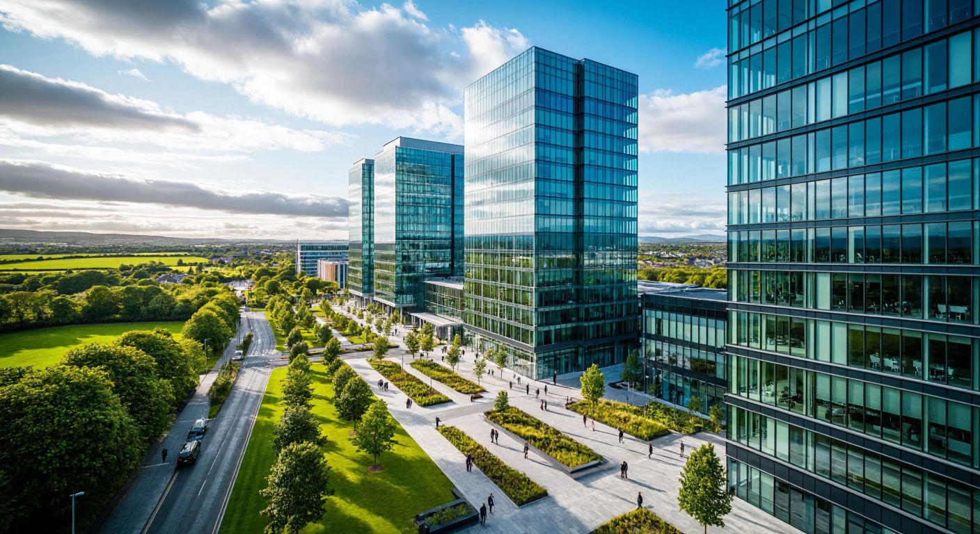 A modern Irish cityscape with sleek glass office buildings housing multinational companies, a bustling tech hub with young professionals in business attire, and a verdant countryside dotted with research campuses, all under a bright sky symbolizing economic prosperity.