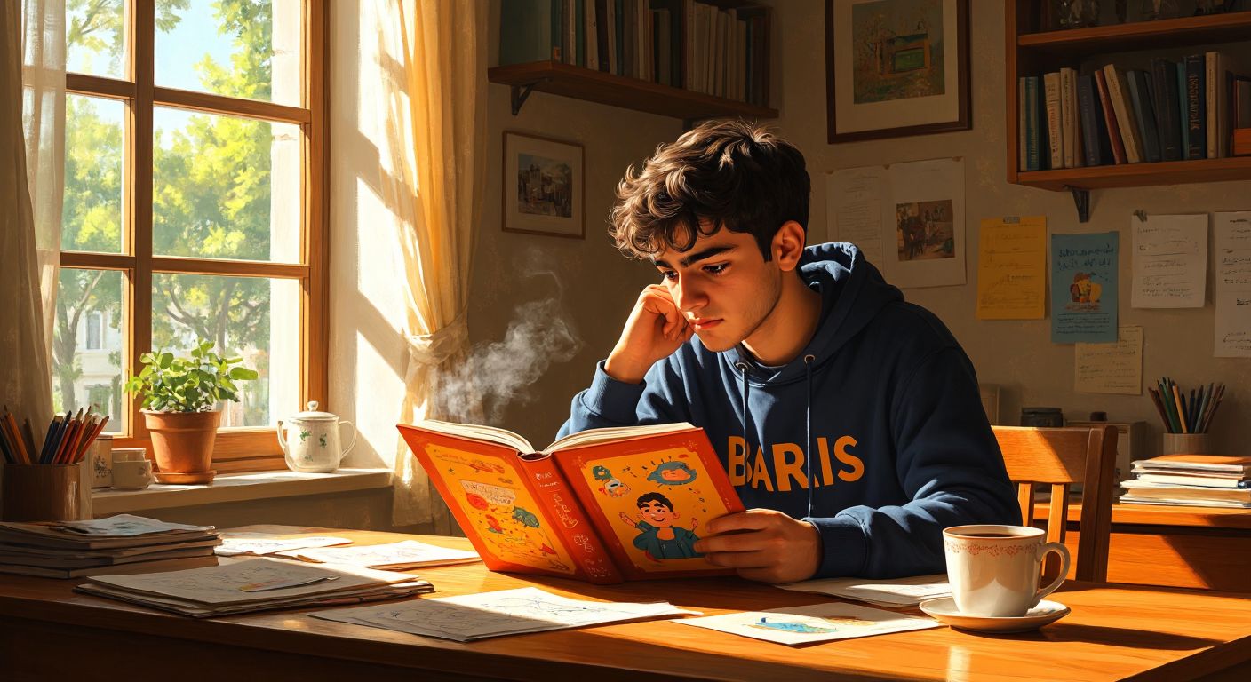 A Turkish student sits at a wooden desk, thoughtfully comparing two colorful study books—one with playful illustrations (Barış) and another with dense mathematical problems (Apotemi)—while sunlight streams through a window onto scattered papers and a steaming cup of çay.