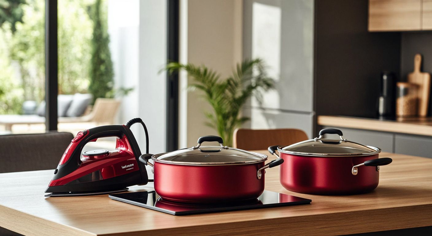 A sleek red iron, a modern cordless vacuum cleaner, and a shiny titanium cookware set arranged neatly on a wooden table in a well-lit Turkish home.