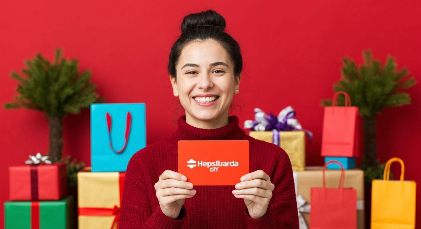 A smiling person in Turkey holds a vibrant red Hepsiburada gift card against a backdrop of colorful wrapped presents and shopping bags.