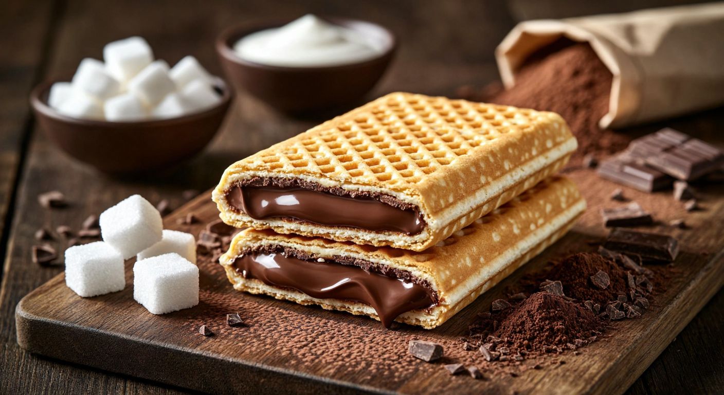 A golden-brown Eti Karam Gurme wafer rests on a wooden table, its layers slightly parted to reveal a rich, creamy chocolate filling, surrounded by scattered ingredients like sugar cubes, cocoa powder, and a small bowl of milk powder under warm Turkish café lighting.