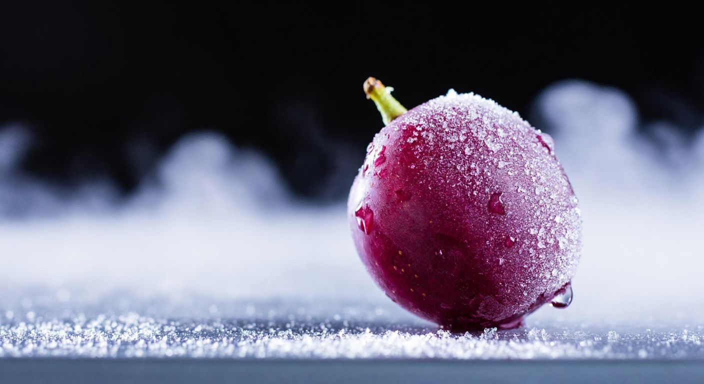 A vibrant purple grape with frosty ice crystals glistening on its skin, resting on a chilled metal surface with a refreshing mist rising around it.