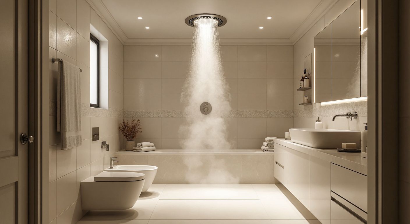 A modern Turkish bathroom with white ceramic tiles, a sleek ceiling-mounted ventilation fan humming softly, and steam gently dissipating from a warm shower.
