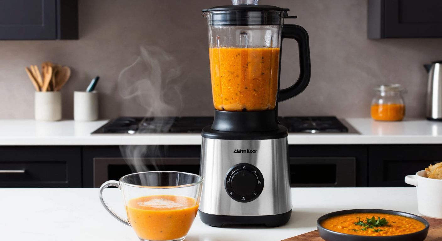 A sleek silver-and-black soup maker blending vibrant red lentil soup in a modern Turkish kitchen, steam rising from the glass pitcher.